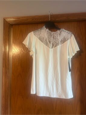 White Lace Yoke Flutter Sleeve Blouse - Women